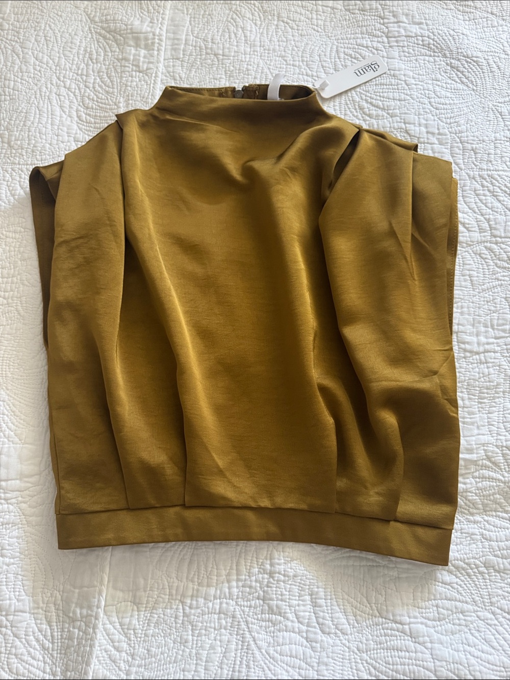 Olive-Gold Satin Mock Neck Top